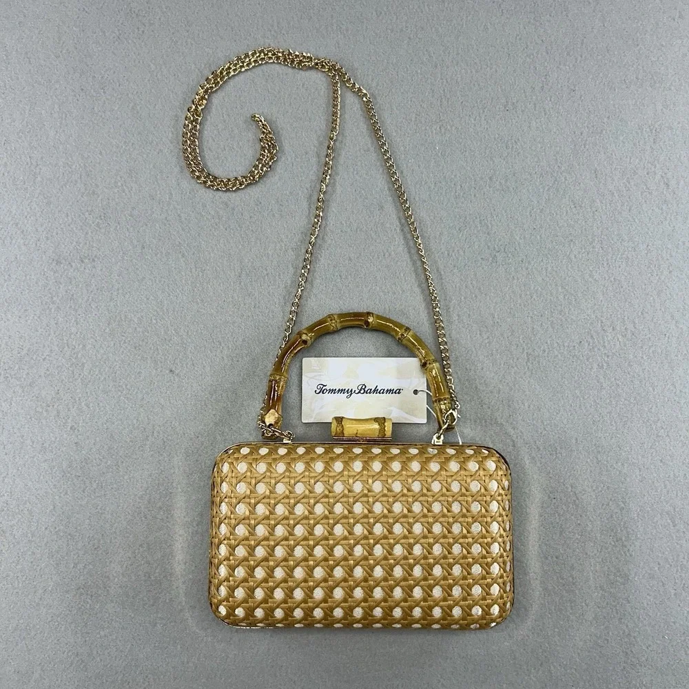Tommy Bahama Woven Cane Bamboo Handle Clutch Bag Gold Chain Strap Tan White NEW